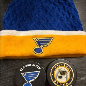 STL Blues Blue & Yellow Knit Beanie with NHL Hockey Pucks